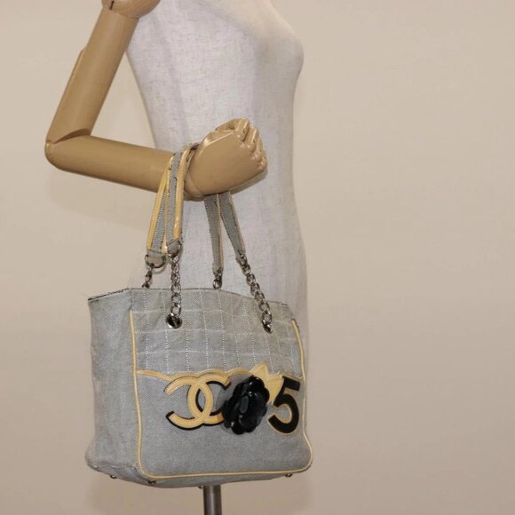 CHANEL Choco Bar Camellia Chain Tote Bag Canvas Gray Silver CC Auth - Picture 1 of 16